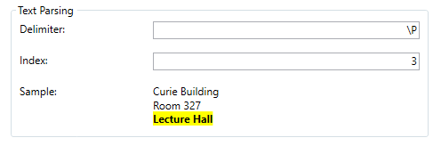 The text parsing section, with Delimiter and Index parameters configured for multiline text