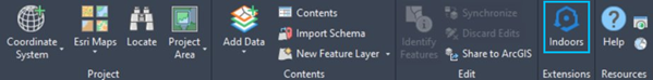 ArcGIS for AutoCAD ribbon with Indoors selected in the Extensions group