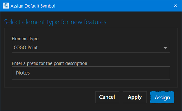 Assign Default Symbol UI with the COGO Point Element Type and Notes used as the point description prefix