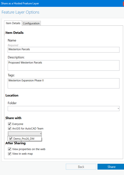 Share as Hosted Feature Layer Item Details user interface