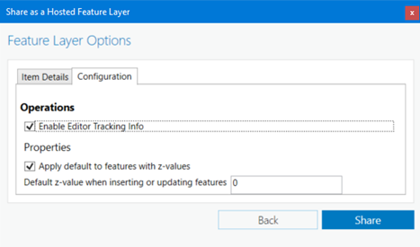 Share as Hosted Feature Layer Configuration options user interface