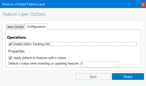 Configuration tab of the Share as Hosted Feature Layer user interface