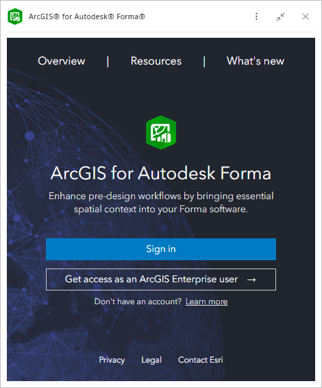 ArcGIS for Autodesk Forma extension sign in window user interface