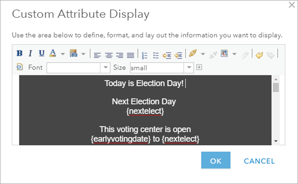 Custom Attribute Display window displaying Today is Election Day, Next Election Day information, and This voting center is open.