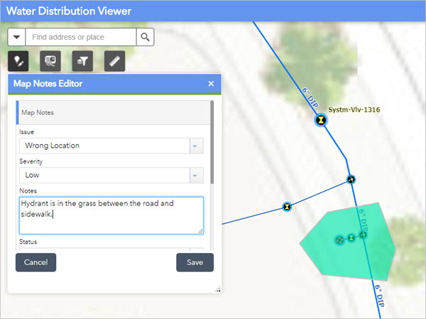 Adding a map note using the Map Notes Editor in the Water Distribution Viewer app