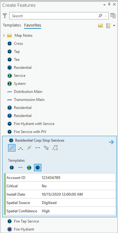 A Residential Corp Stop Services preset template selected in the Create Features pane