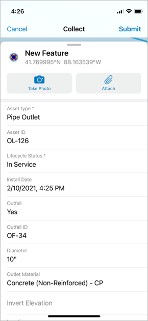 Attribute list for Outfall type Pipe Outlet in Field Maps app