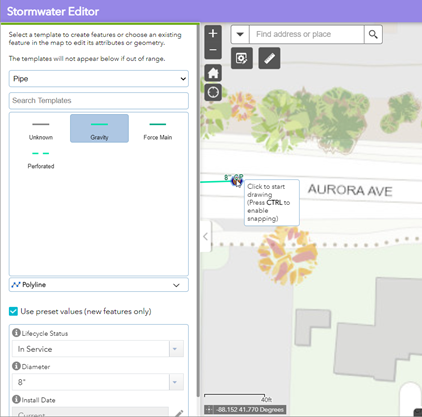Snap a gravity pipe to a manhole in the Stormwater Editor app.
