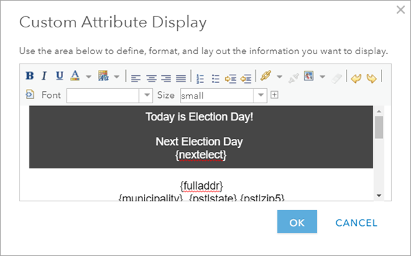 Custom Attribute Display window displaying Today is Election Day and Next Election Day information