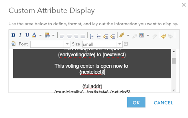 Custom Attribute Display window displaying This voting center is now open.