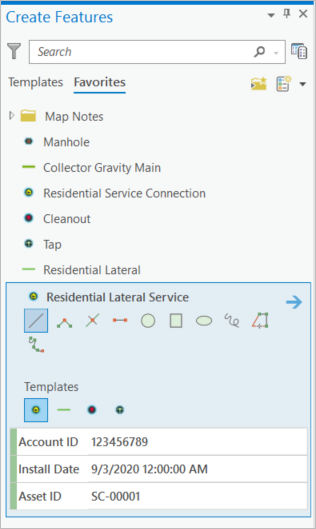 Select the Residential Lateral Service template from the favorites list in ArcGIS Pro.