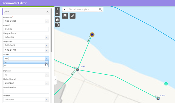 Outfall attribute set for Pipe Outlet in Asset Editor widget