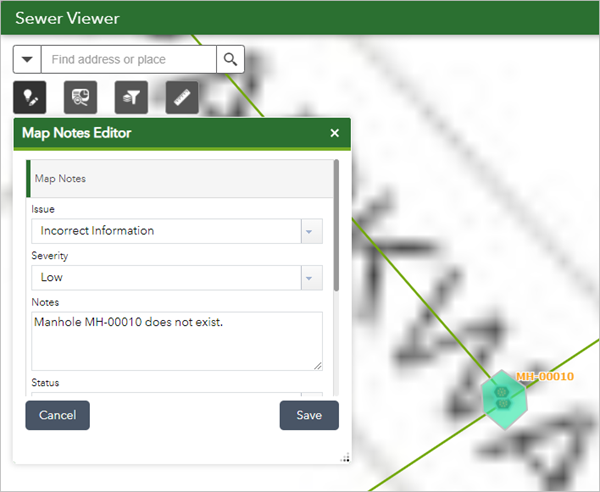 Adding a map note using the Map Notes Editor in the Sewer Viewer app