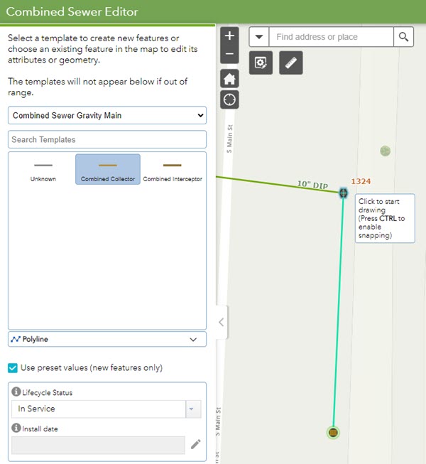 Snap a collector pipe to a manhole in the Combined Sewer Editor app.