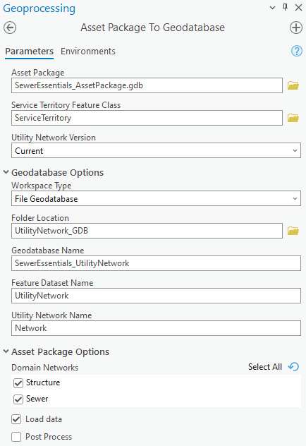 Asset Package to Geodatabase tool pane