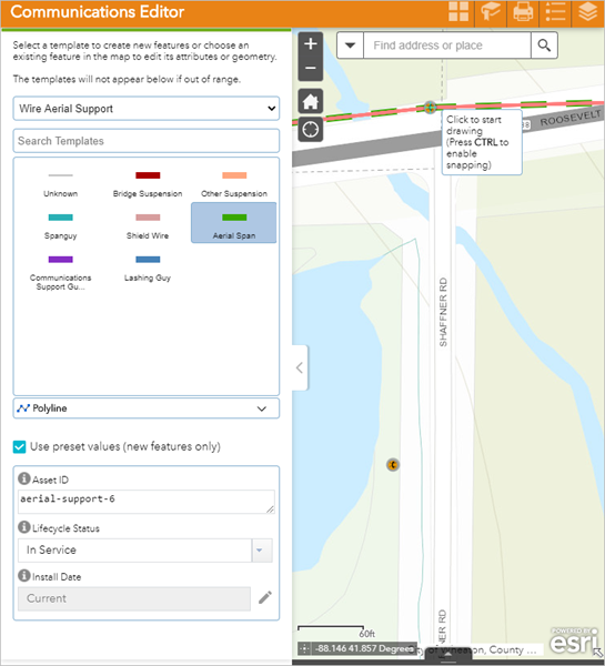 Snap the aerial span to a pole in the Communications Editor app