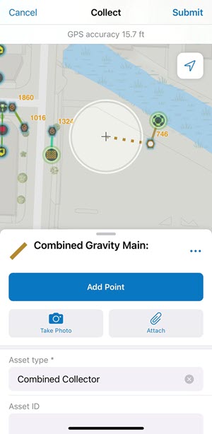 Snap a collector main to a manhole on the Combined Sewer Asset Collector map.