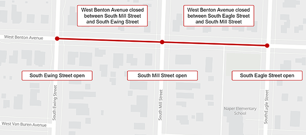 Map showing road closure as a red line with red dots indicating open intersections.