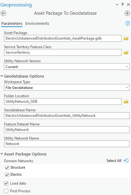 Asset Package To Geodatabase tool pane