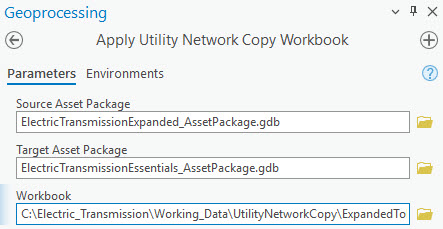 Apply Utility Network Copy Workbook tool pane