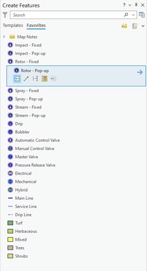 A Rotor-Pop-up sprinkler in the Favorites tab of the Create Features pane.