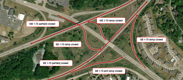 Map showing road and intersection closure as a red line .