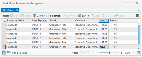 Metrics attribute table showing Boundary Name, Date Reported, Metric, Outcome, Actual, and Target fields and attributes