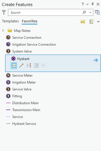 Hydrant highlighted in the Favorites list of Reclaimed Water Data Manager.