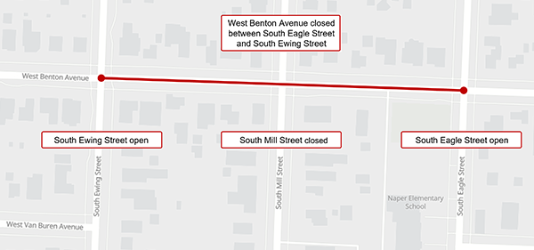 Map showing road and intersection closure as a red line .