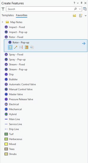 A Rotor-Pop-up sprinkler in the Favorites tab of the Create Features pane.
