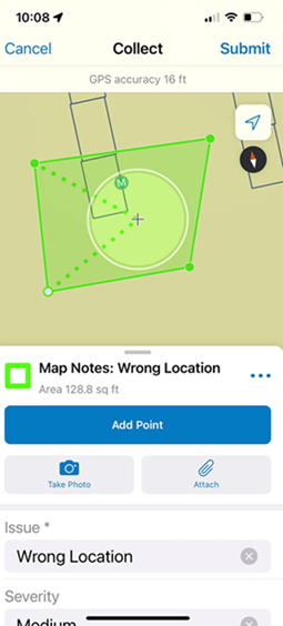 Mobile app showing a map with a green polygon and a note about a wrong location.