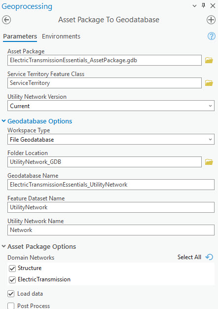 Asset Package To Geodatabase tool pane