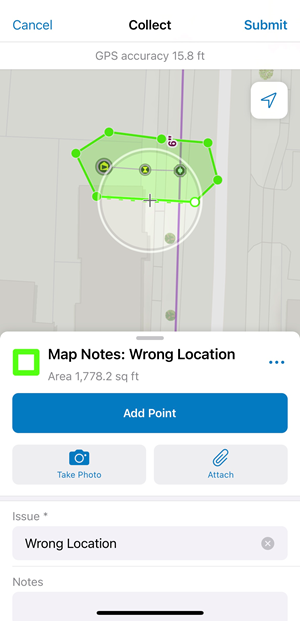 Adding a map note to indicate a wrong location using Reclaimed Water Field Editor.