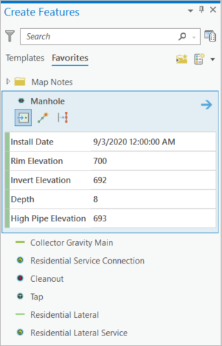 Select the manhole template from the favorites list in ArcGIS Pro.