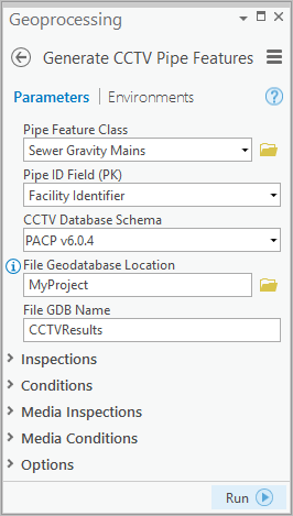 Generate CCTV Pipe Features tool parameters