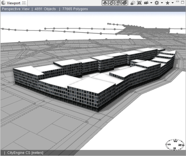 Viewport perspective view of buildings generated after the rule on the shapes has been applied