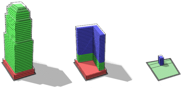 Buildings with different land-use type, left: Office, center: Mixed Office, right: Residential