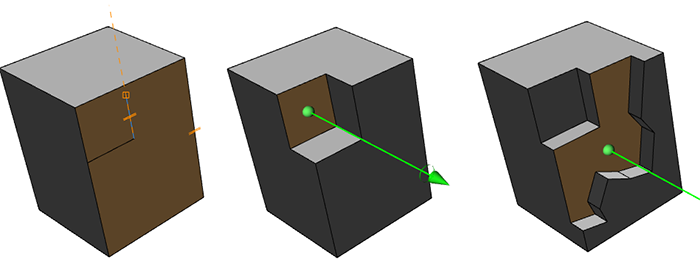 3D shape editing consisting of a split, 3D move, and another split and move