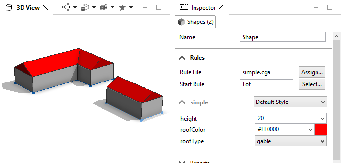 Selected shapes assigned with rule that has height, roofColor, and roofType attributes