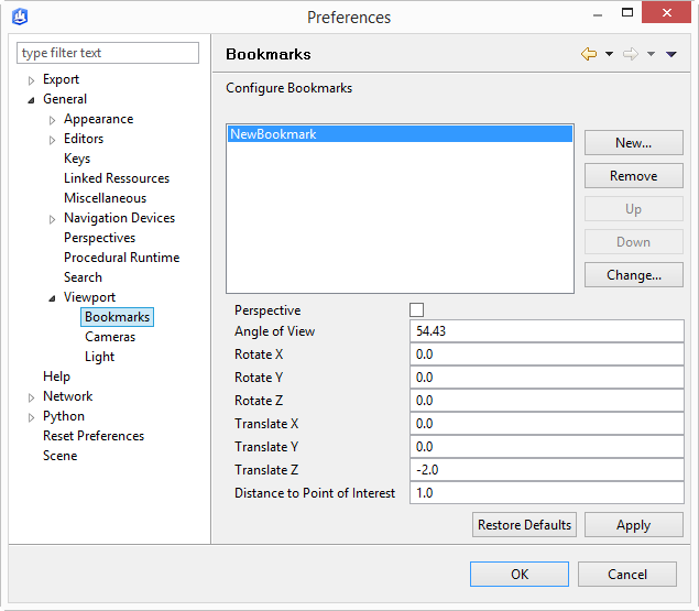 Bookmarks preferences menu