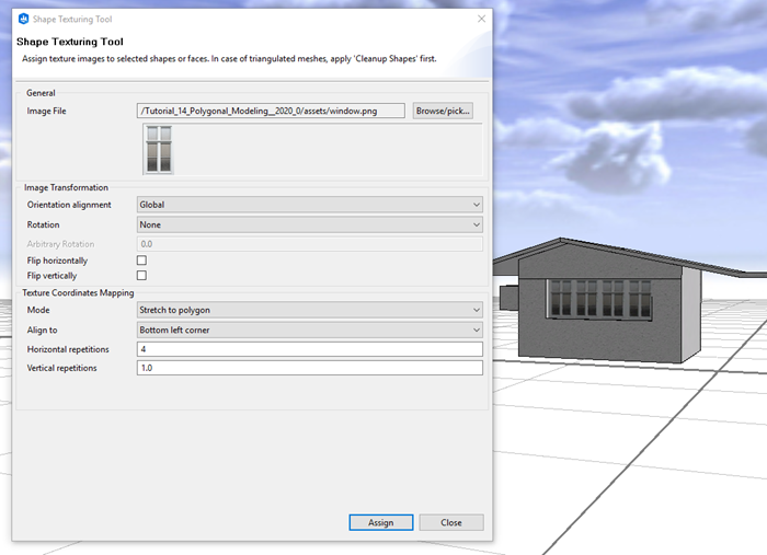 For window texture adjustments set to 4 at Horizontal repetitions to minimize stretch