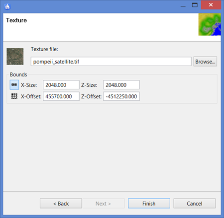 Texture dialog box for pompeii_satellite.jpg