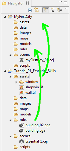 Navigator display of contents within the assets and rules folders copied to the MyFirstCity project folder