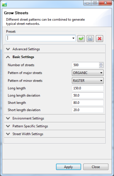 Grow Streets Basic Settings dialog box