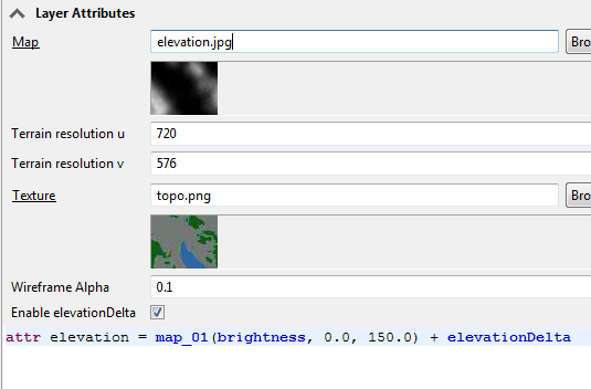 Layer Attributes dialog box showing the Enable elevationDelta check box