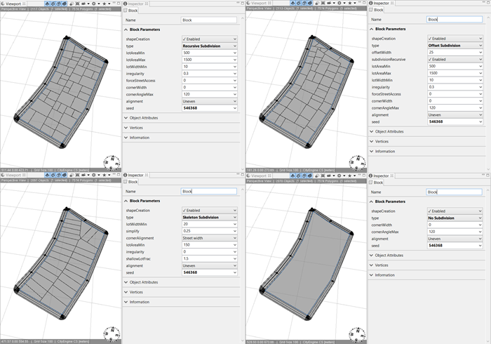 Viewport shows four different block subdivisions based on the algorithm applied