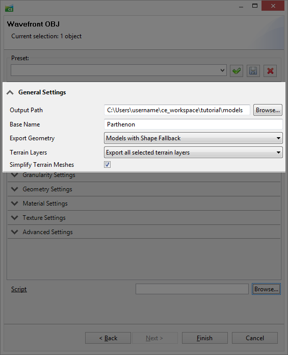 Export Model General Settings