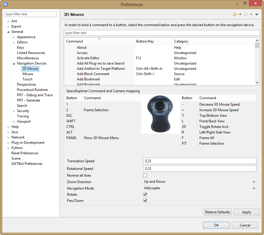 3D mouse preferences menu