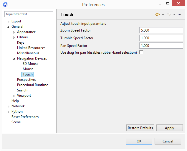 Touch preferences menu