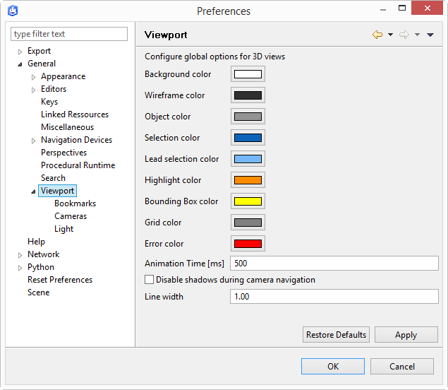 Viewport preferences menu